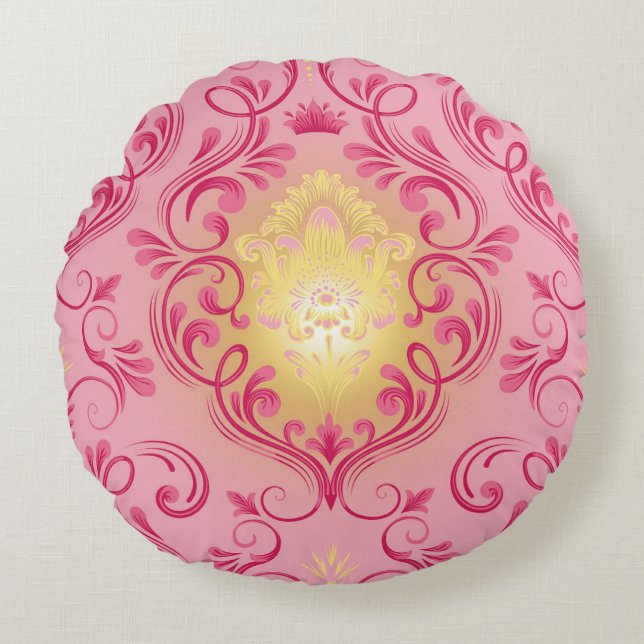 Almohada redonda rosa, roja y amarilla de Damasco (Anverso)