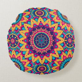 Almohada redonda sinfónica de Kaleidoscope Mandala