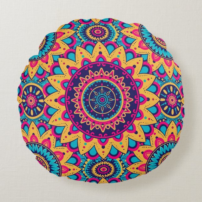 Almohada redonda sinfónica de Kaleidoscope Mandala (Anverso)