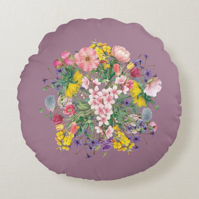 Almohada redonda suave de acento floral silvestre (Anverso)