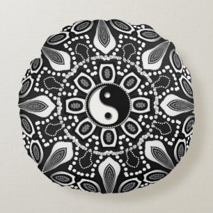 Almohada Redonda Tribal Negra Blanca Yin Yang Geom