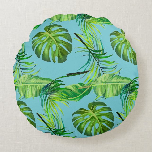 Almohada Redonda Tropical de Hojas (Anverso)