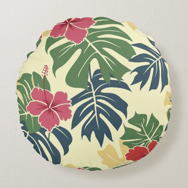 Almohada Redonda Tropical Floral Amarilla (Anverso)