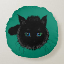 Almohada Redonda Verde con Gato Negro o Elija Colo