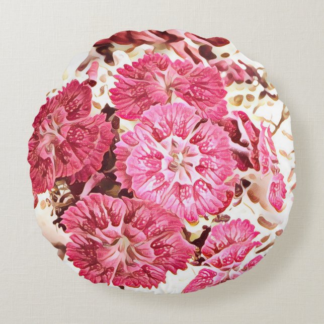 Almohada Redonda Vintage de Flores Rosadas (Anverso)