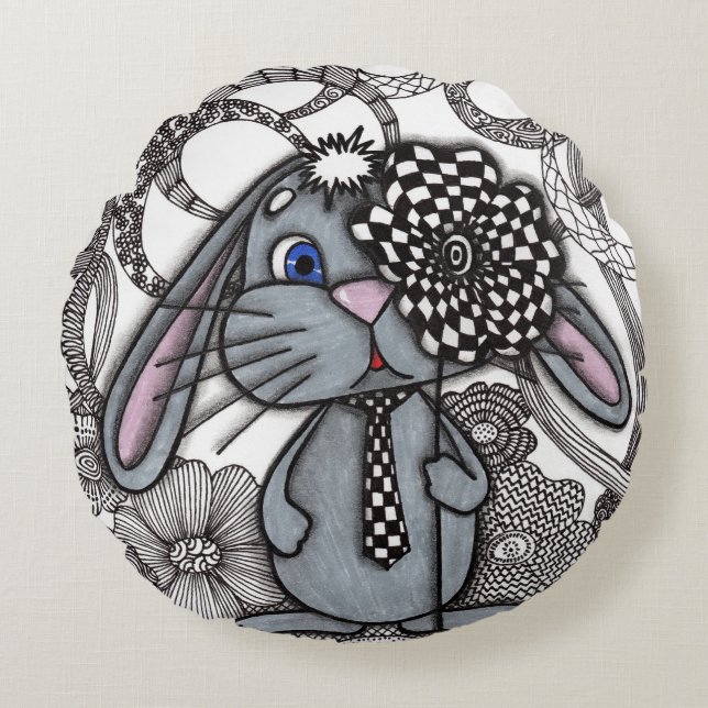 Almohada redonda zen doodle de conejo adorable dib (Anverso)