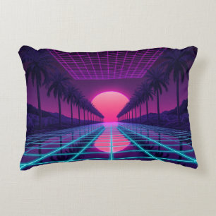 Almohada Retro de Cuadrícula y Palmeras Neon Synth