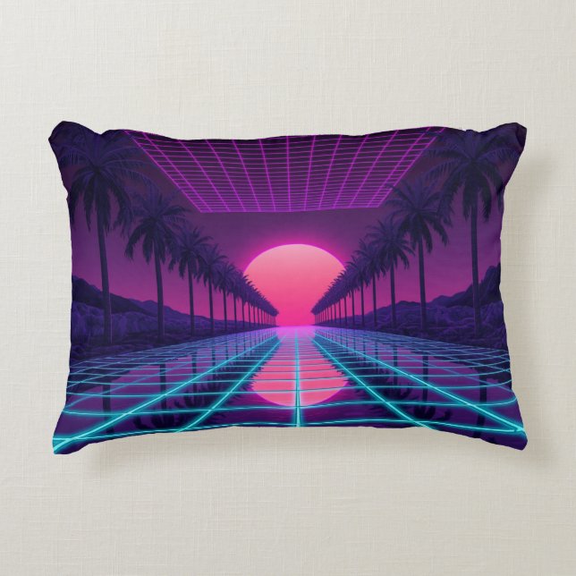 Almohada Retro de Cuadrícula y Palmeras Neon Synth (Anverso)