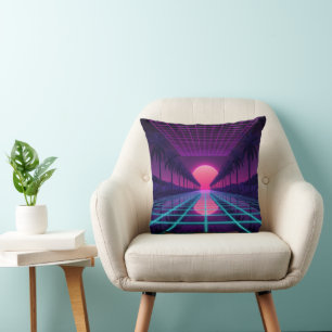 Almohada Retro de Cuadrícula y Palmeras Neon Synth