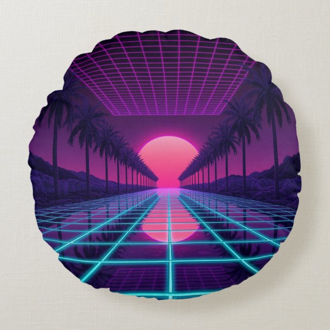 Almohada Retro Neon Synthwave Cuadrícula y Palmera (Anverso)