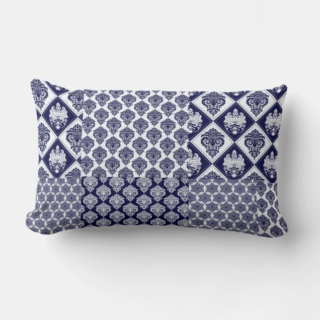 Almohada Reversible de Damasco de Parche con Azul  (Anverso)