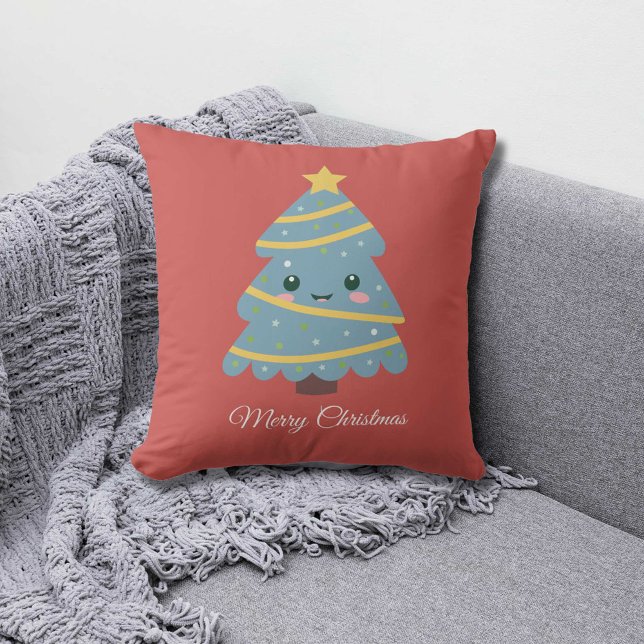 Almohada roja con un árbol de Navidad muy lindo (Red Pillow with a Cute Christmas Tree)