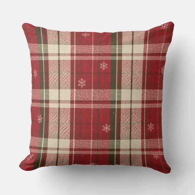 Almohada Roja de Cuadros de Nieve de Navidad para  (Anverso)