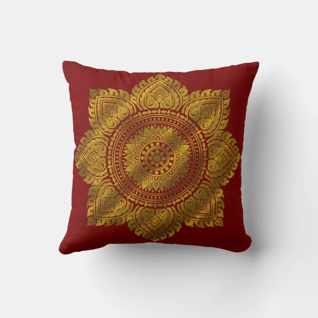 Almohada Roja de Seda de Oro de Mandala de Lujo (Reverso)