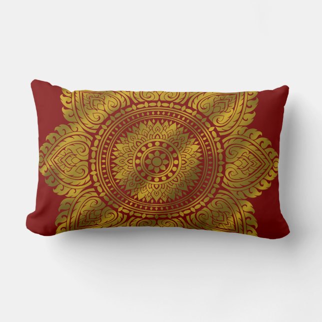 Almohada Roja de Seda de Oro de Mandala de Lujo (Anverso)
