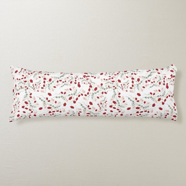 Almohada Romántica blanca con flores rojas (Anverso)