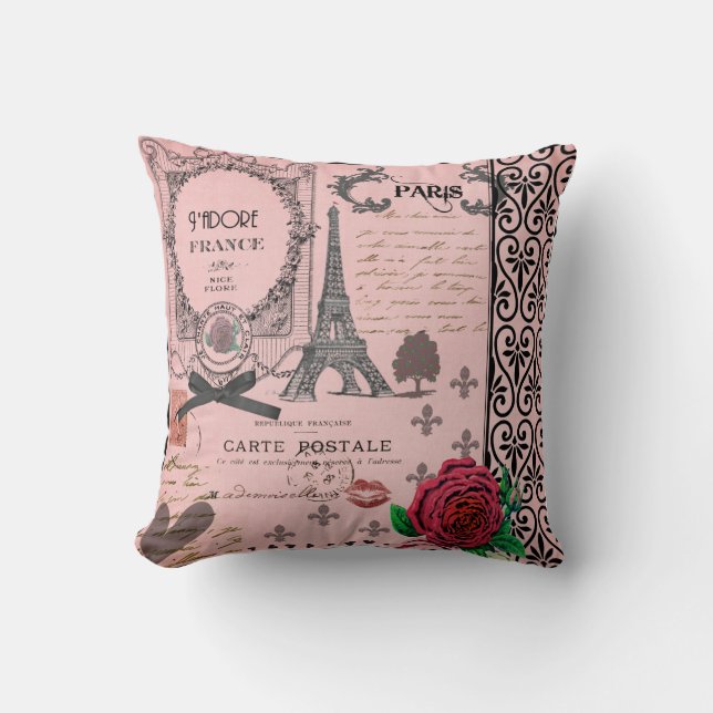 Almohada romántica del collage rosado de París del (Anverso)