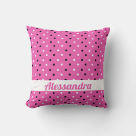 Almohada rosa con puntos de polka blanco y negro d