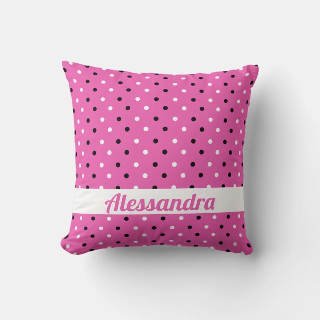 Almohada rosa con puntos de polka blanco y negro d (Anverso)