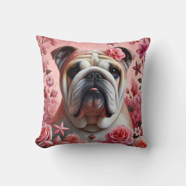 almohada rosa de bulldog. (Anverso)