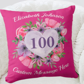 Almohada rosa de cumpleaños número 100 para mujere