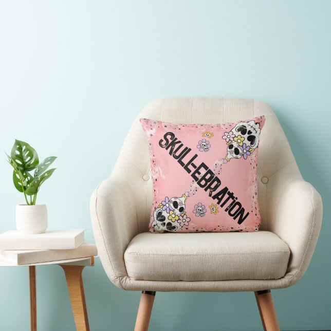 Almohada rosa de Halloween y cráneo floral espeluz (Silla)