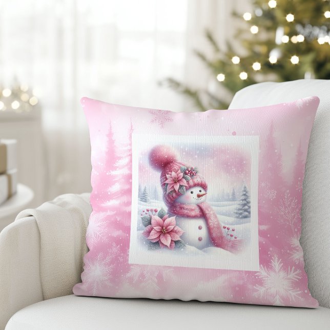 Almohada rosa de Navidad para niños con muñeco de  (Dream Pink Forest Snowman Pinkmas Kids Cushion)