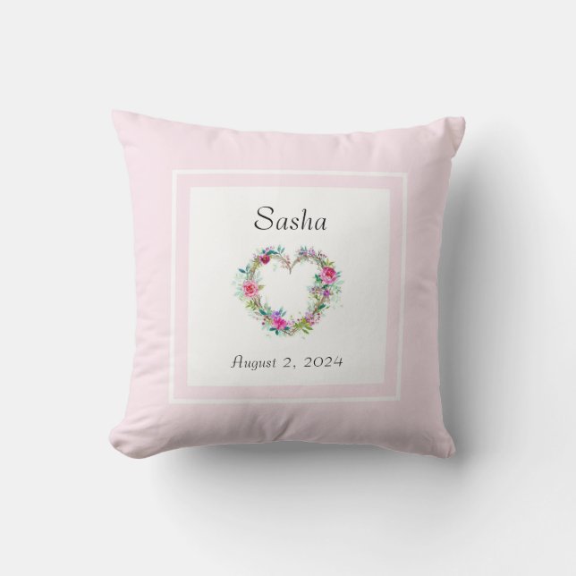 almohada rosa recién nacida monogramada con fecha (Anverso)