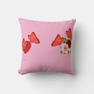 Almohada Rosa Romántica con Mariposas y Ro