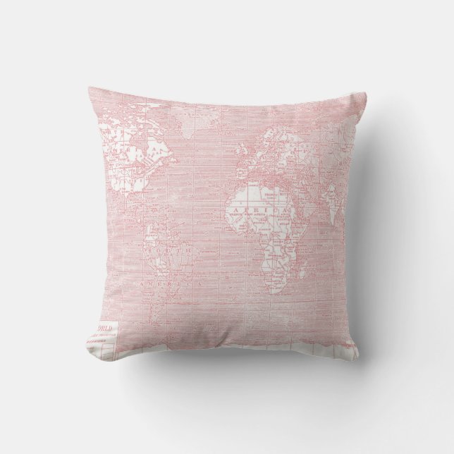 Almohada rosada del mapa del mundo del vintage (Anverso)