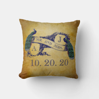 Almohada rústica del amor de la boda del pavo real