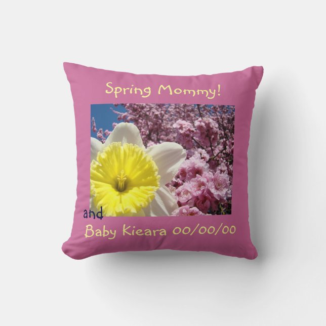 Almohada Spring Mommy! Nombre del bebé Fecha de na (Anverso)