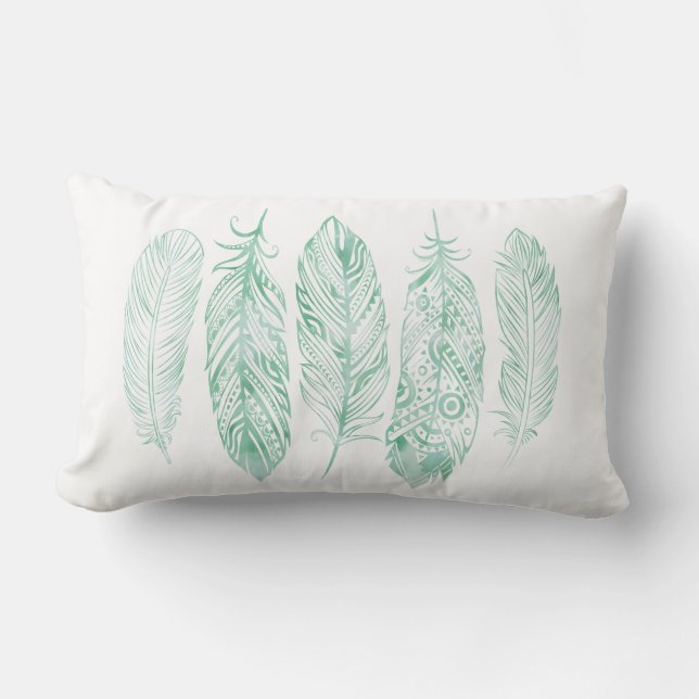 Almohada tribal de la impresión de la pluma verde (Anverso)