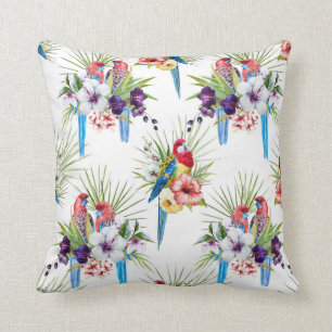 Almohada tropical de los pájaros (blanca)