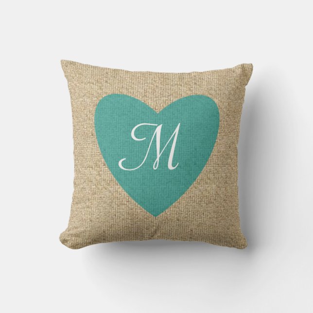 Almohada verde azulada del monograma del corazón (Anverso)