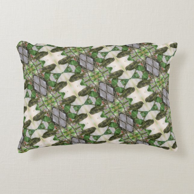 Almohada verde/blanca con foto de pájaro de patio  (Anverso)