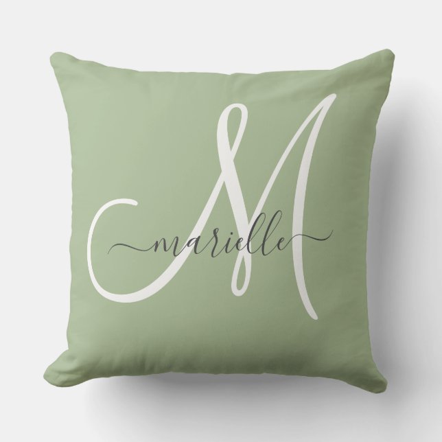 Almohada Verde de Monograma Elegante (Anverso)