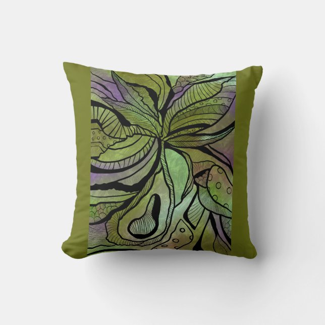 almohada verde oliva con diseño floral abstracto (Anverso)
