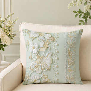 Almohada Verde Vintage Floral de Encaje Falso