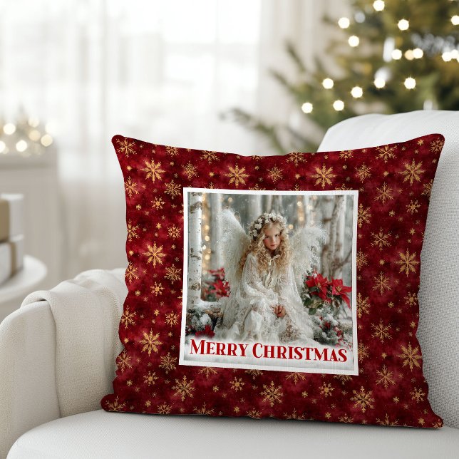 Almohada vintage de Navidad de ángel rojo brillant (Shiny Red and Gold Angel Vintage Christmas Pillow)