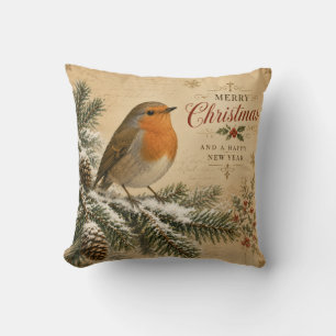 almohada vintage de Navidad de petirrojo