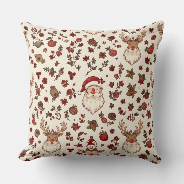 Almohada vintage de Navidad de Santa y Reno (Anverso)