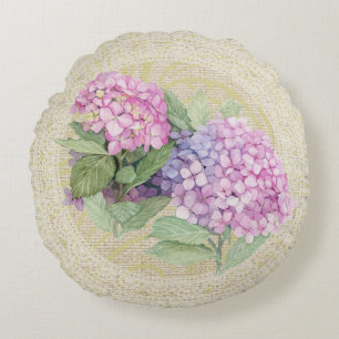 Almohada vintage floral de hortensia rosa y encaje