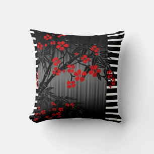 Almohadas Asiático Negro Rojo Flor de Bambú