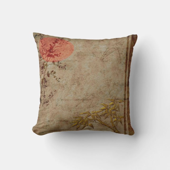 Almohadas Flor de Bambú Rojo Dorado Rústico Asiáti (Anverso)