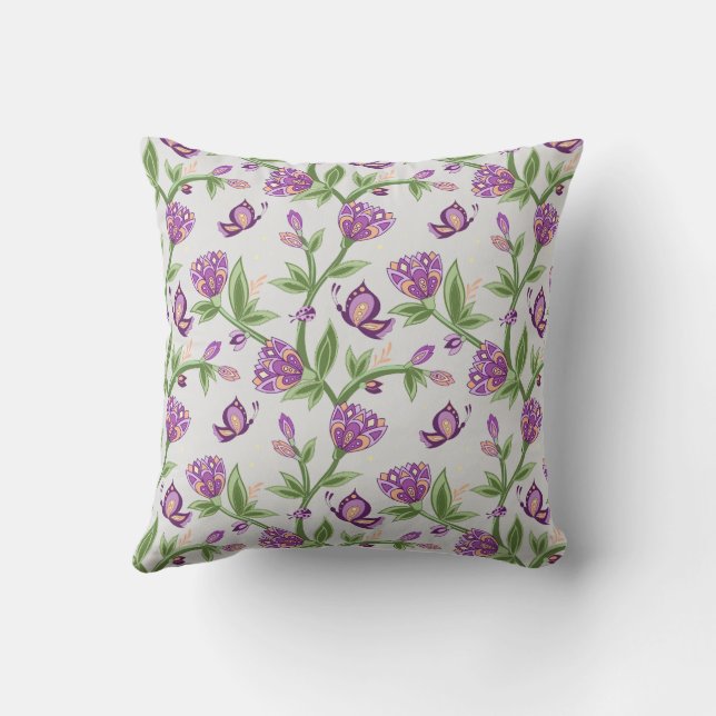 almohadas grises con diseño floral púrpura (Reverso)