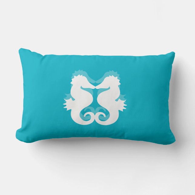 Almohadas Lumbares Azules Y Caballos De Mar Blanco (Anverso)