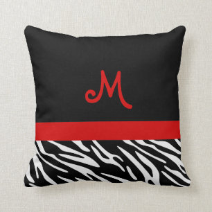 Almohadas monogramas de raya negra y roja de moda