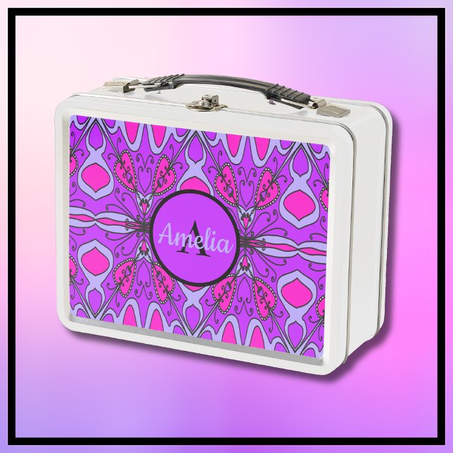 Almuerzo Metalizado de Chicas Cuidados (Pretty Purple and Hot Pink Lunchbox. Features original hand-drawn artwork with a whimsical vibe. )