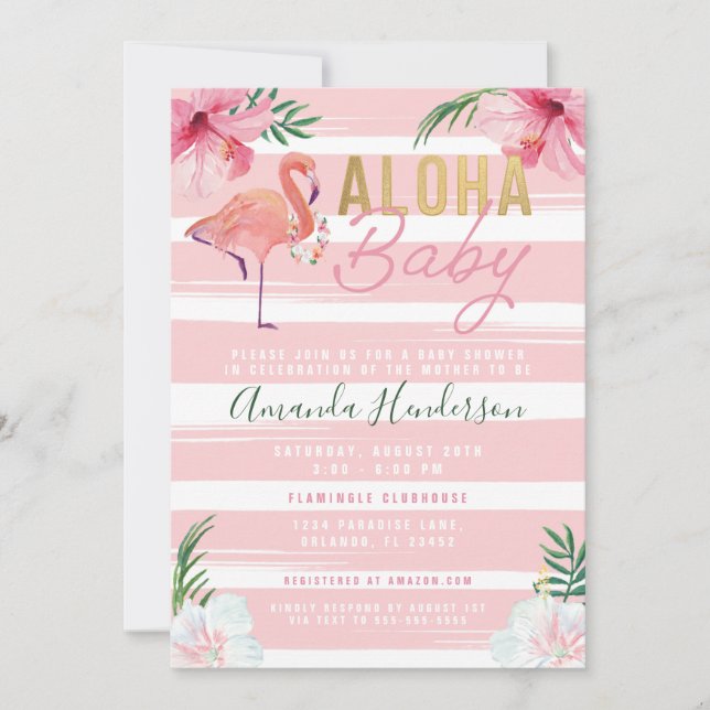 Aloha Baby Flamingo Invitación Baby Shower, (Anverso)